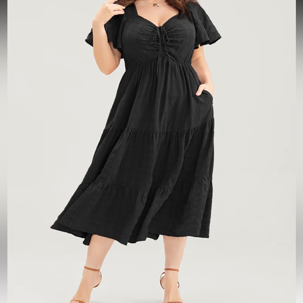 Plain Ruched Drawstring Pocket Ruffle Tiered Dress - Picture 3 of 6